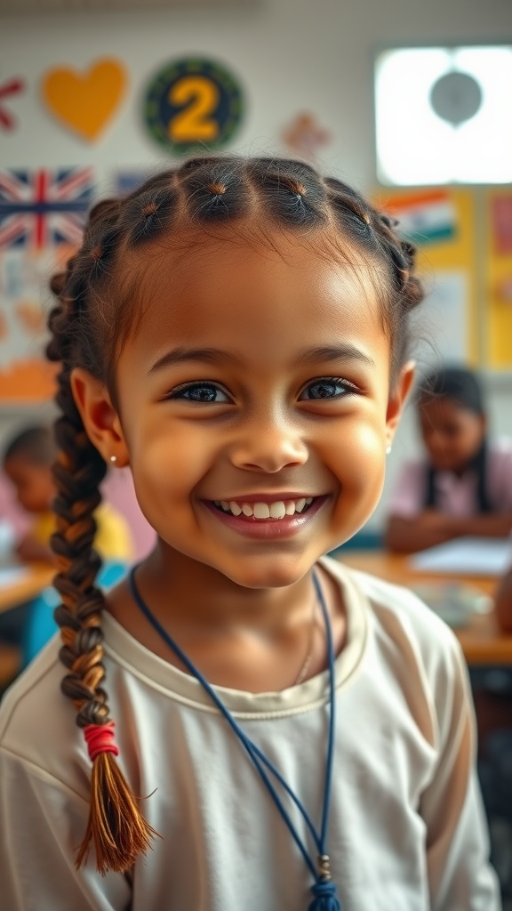 A young girl smiling with braided curly hair in a classroom setting.