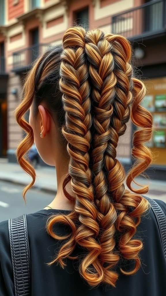 A stylish braided curly ponytail hairstyle with vibrant curls and neatly woven braids.