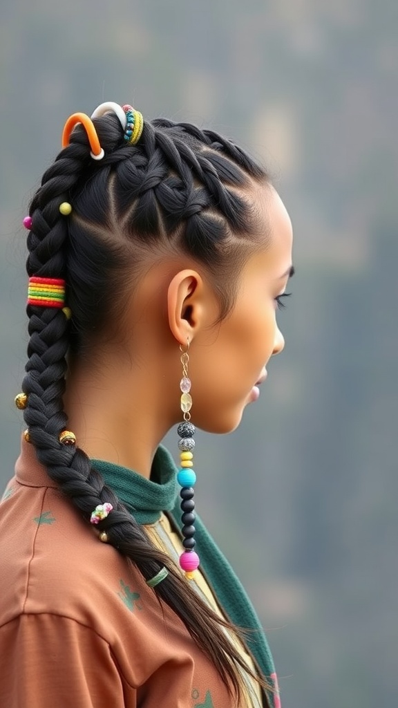 A young woman with a braided ponytail, adorned with colorful beads and hair ties, showcasing a stylish hairstyle.