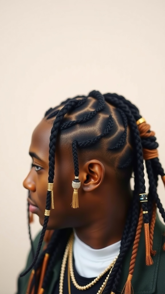 A close-up view of a man with braided hair, adorned with golden beads and tassels.