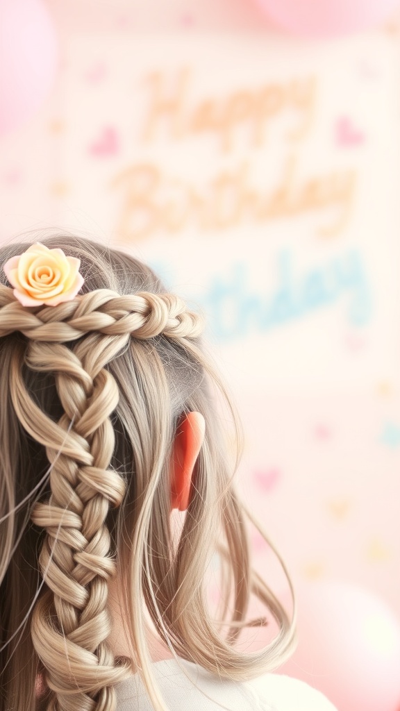 A girl with a braided hair crown adorned with a flower, celebrating a birthday.