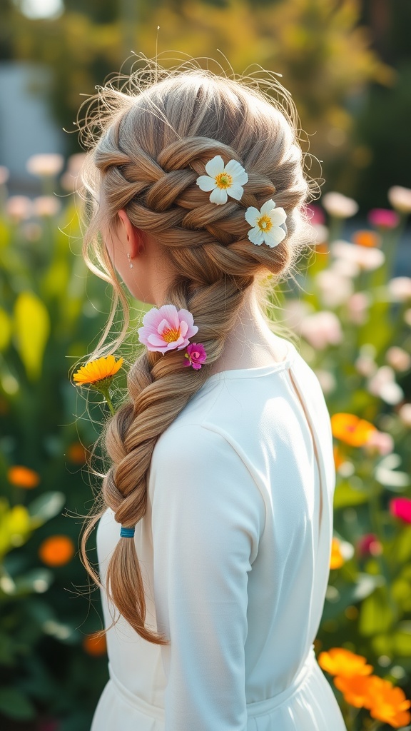 A young woman with a braided half up ponytail adorned with flowers, standing in a garden filled with colorful flowers.