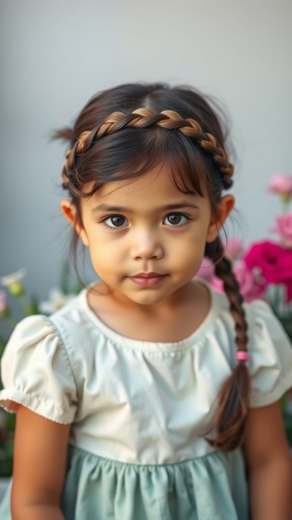 A young girl with a braided headband hairstyle, standing in front of flowers.