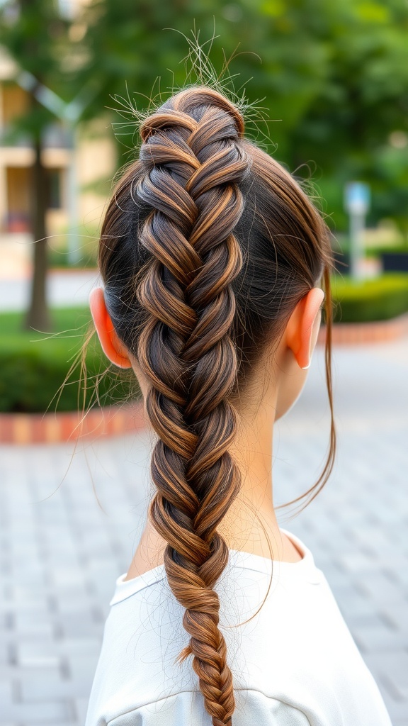 Back view of a person with a braided high ponytail.