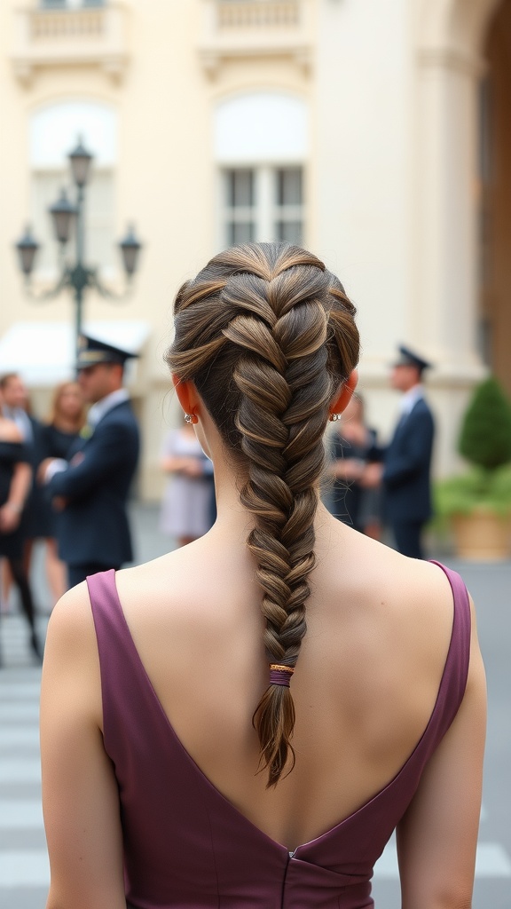 A woman with a braided high ponytail wearing a stylish dress, seen from behind.