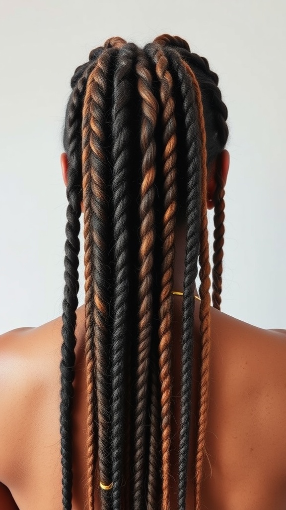 A hairstyle featuring braided locs with a twist, showcasing dark and light tones with gold accessories.