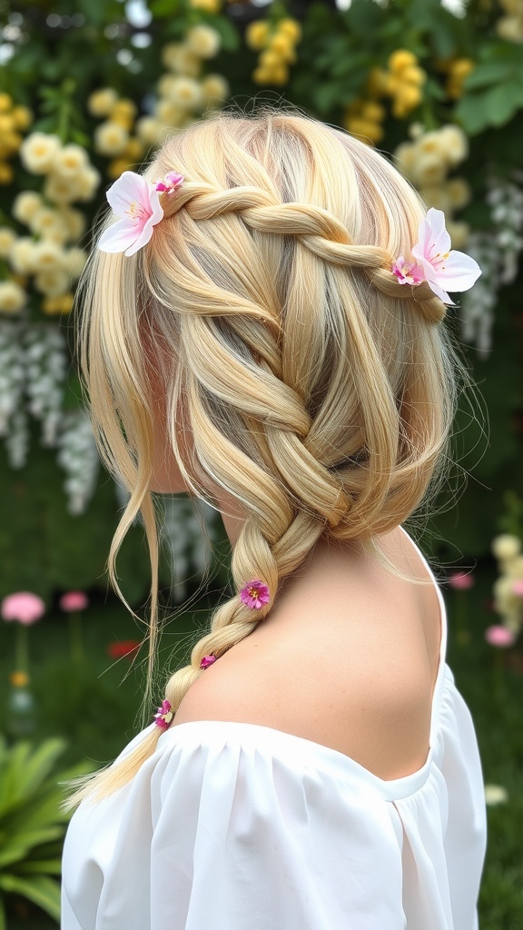 A woman with a braided long bob hairstyle adorned with pink flowers.
