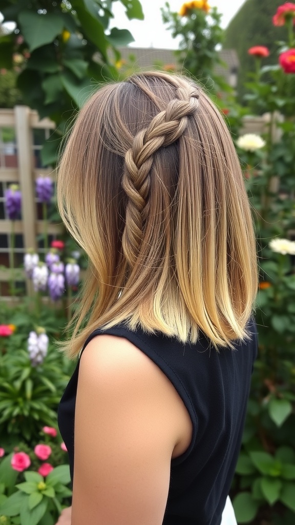 A woman with a long bob hairstyle featuring a braided section, surrounded by colorful flowers.