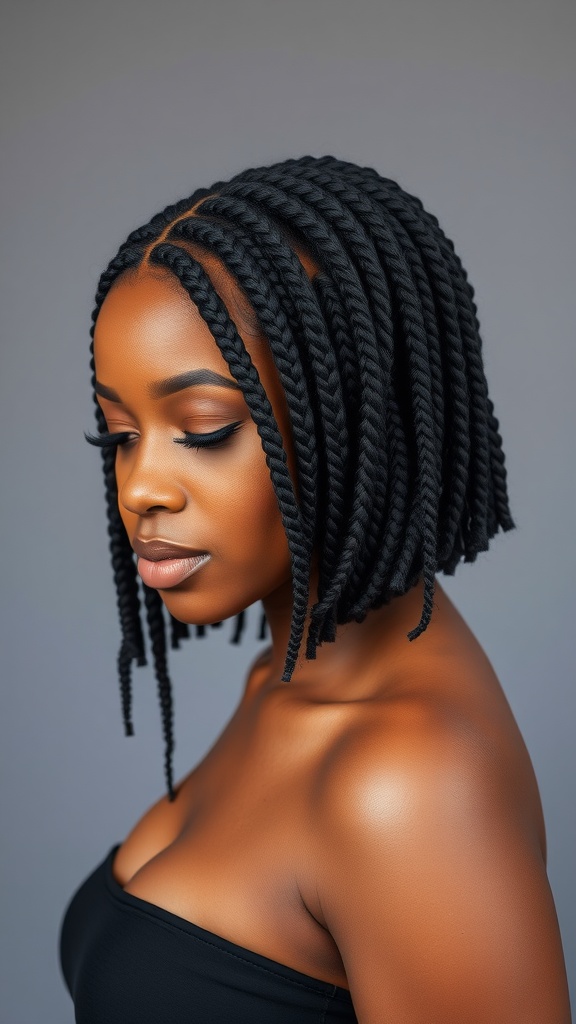 A woman with a braided long bob hairstyle, showcasing neat braids and a polished look.