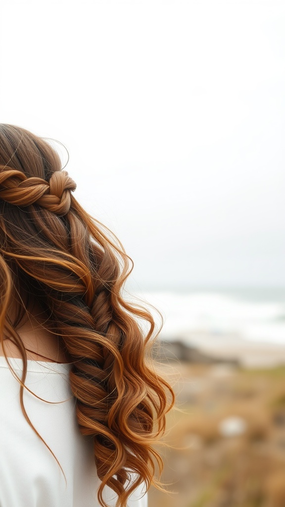 A braided long bob hairstyle with loose waves, showcasing a unique braid blended with beachy curls.