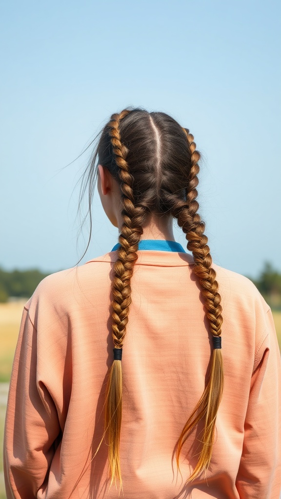 A person with braided hair styled in a long mullet, wearing an orange sweatshirt against a blue sky.