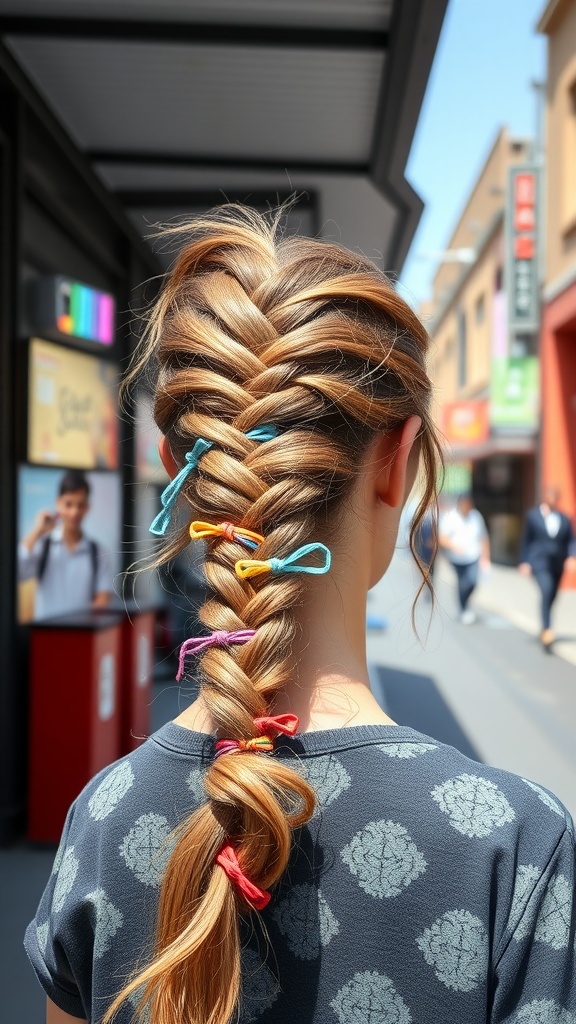 A close-up of a braided messy ponytail with colorful hair ties, showing a trendy hairstyle perfect for casual outings.