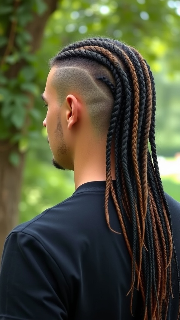 A man with a braided mullet hairstyle, showing intricate braids flowing down the back.