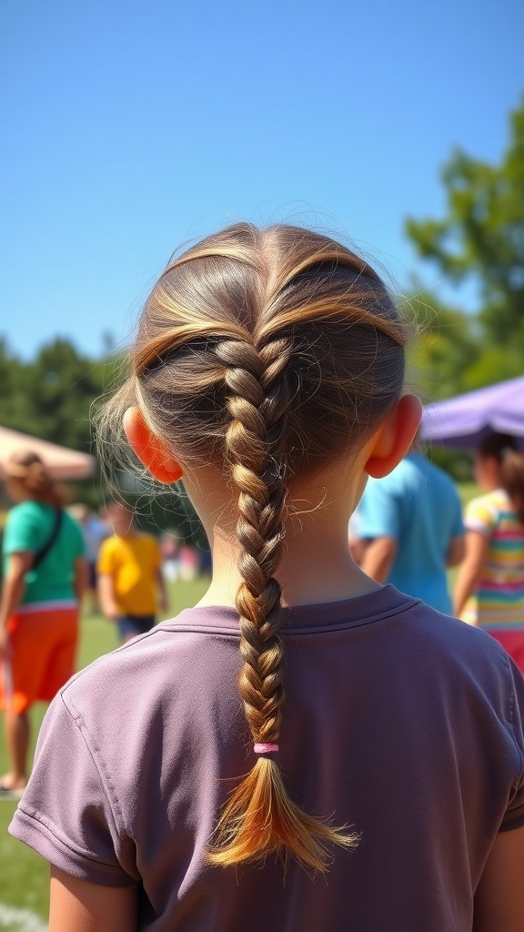 A child with a braided ponytail, viewed from the back, in a sunny outdoor setting.