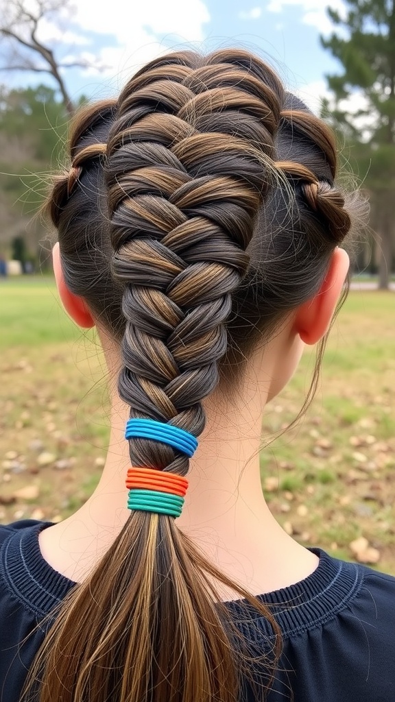 A close-up view of a braided ponytail with colorful hair ties.