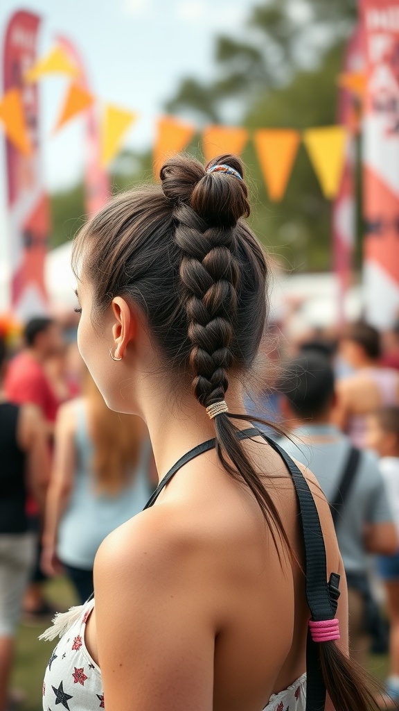 A woman with a braided ponytail and bun hairstyle, surrounded by a festival atmosphere.