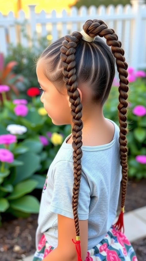 A young girl with a braided ponytail, featuring two thick braids tied at the top and red tassels, surrounded by colorful flowers.