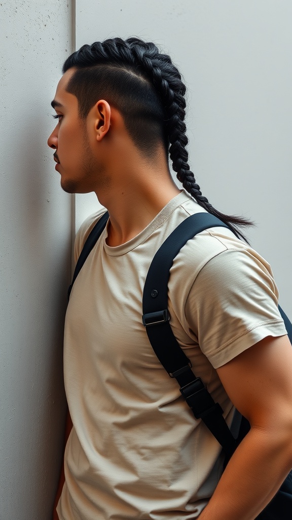 A young man with a braided ponytail leaning against a wall, dressed in a beige t-shirt and carrying a backpack.