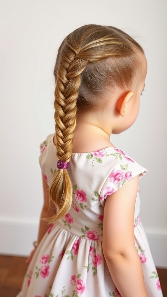 Toddler with a braided ponytail wearing a floral dress