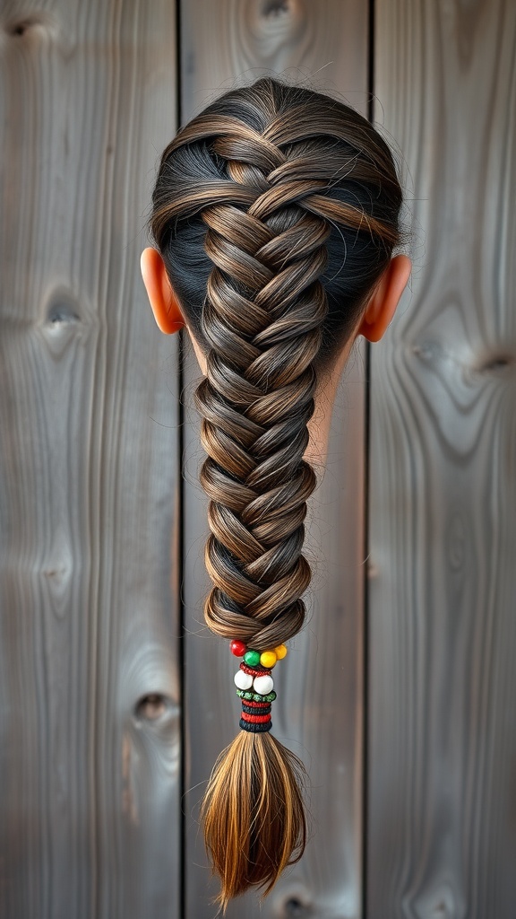 A braided ponytail featuring colorful beads, showcasing a stylish hairstyle.