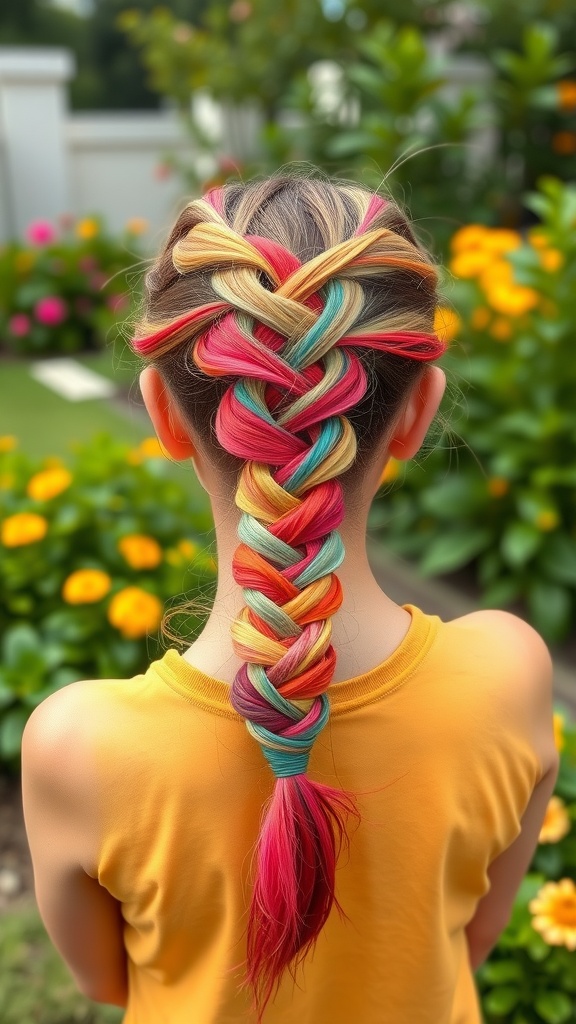 A colorful braided ponytail hairstyle featuring vibrant highlights in pink, blue, and gold.