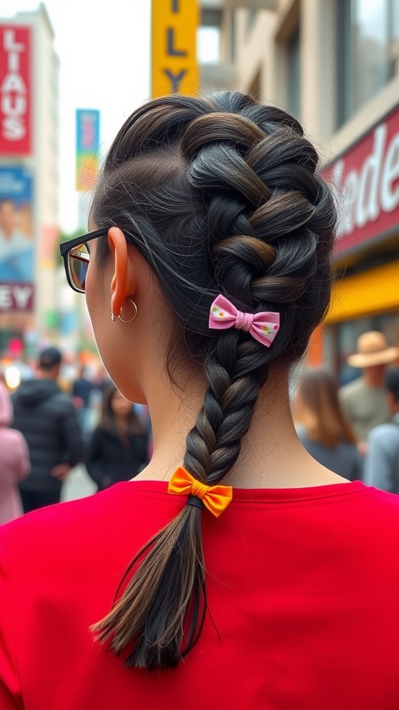 A stylish braided ponytail adorned with pink and orange bows