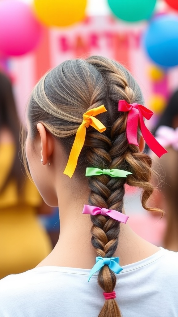 A close-up of a braided ponytail adorned with colorful hair ties, set against a festive background.