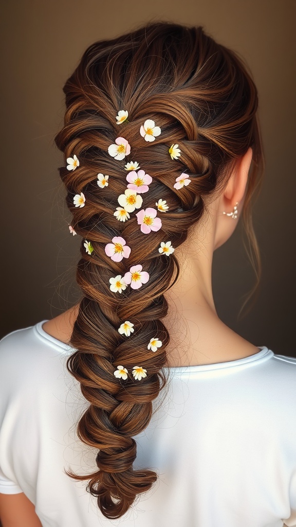 A braided ponytail adorned with small flowers, showcasing a stylish and elegant hairstyle.
