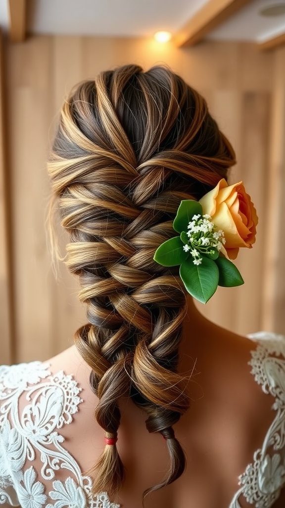 A close-up of a braided ponytail adorned with a rose and greenery, showcasing a wedding hairstyle.