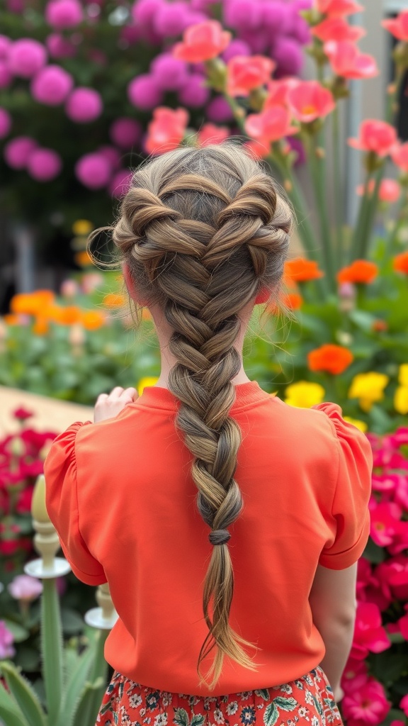 A girl with a braided ponytail and layered bangs, wearing an orange top, standing in front of colorful flowers.