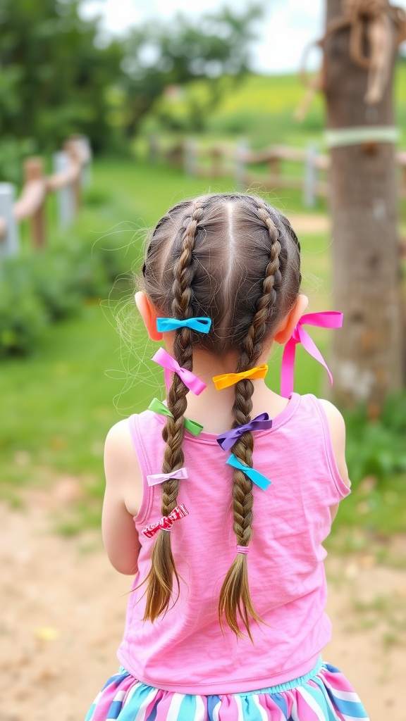Girl with braided ponytails decorated with colorful ribbons, wearing a pink tank top and striped skirt.