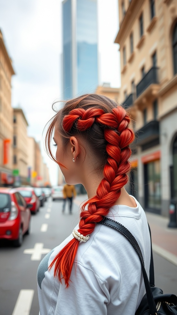 A woman with a braided red ponytail styled elegantly