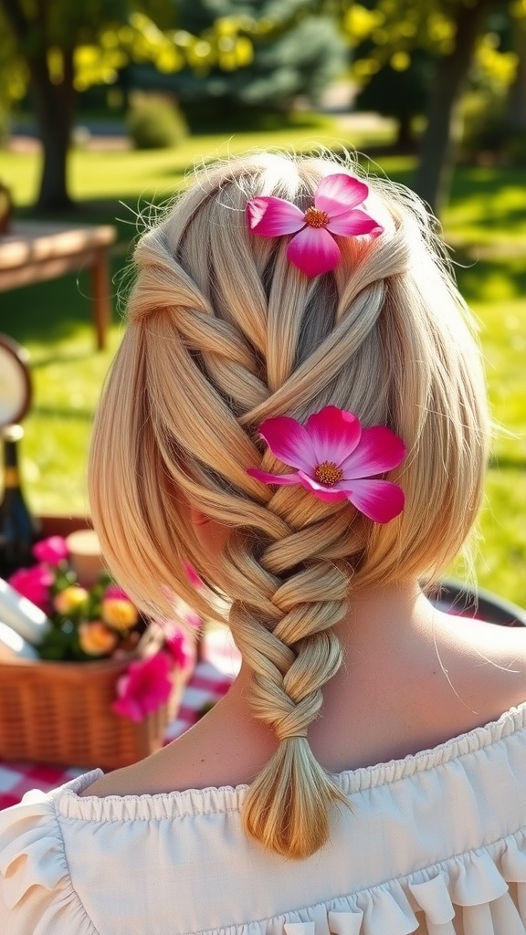 A braided short blonde bob hairstyle adorned with pink flowers, set against a green background.