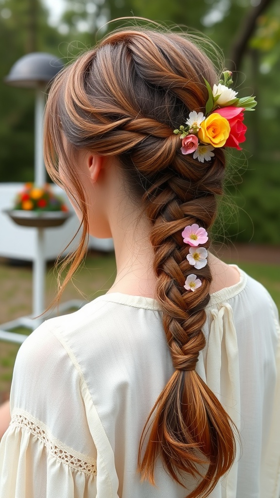 A woman with a braided side ponytail decorated with colorful flowers, showcasing a bohemian hairstyle.