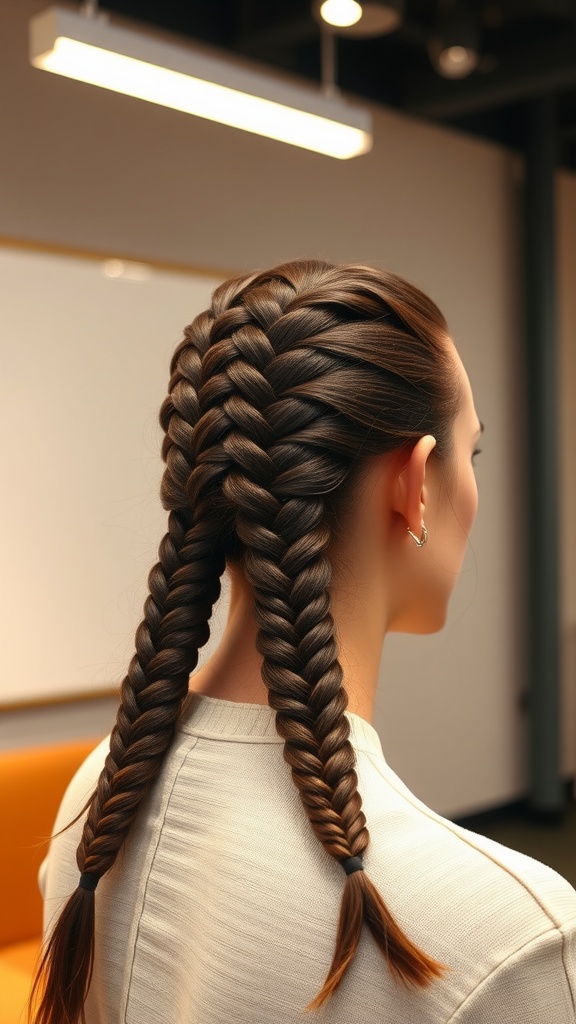 A close-up of a woman's back view featuring two braids leading into a slick back ponytail, showcasing a neat and stylish hairstyle.