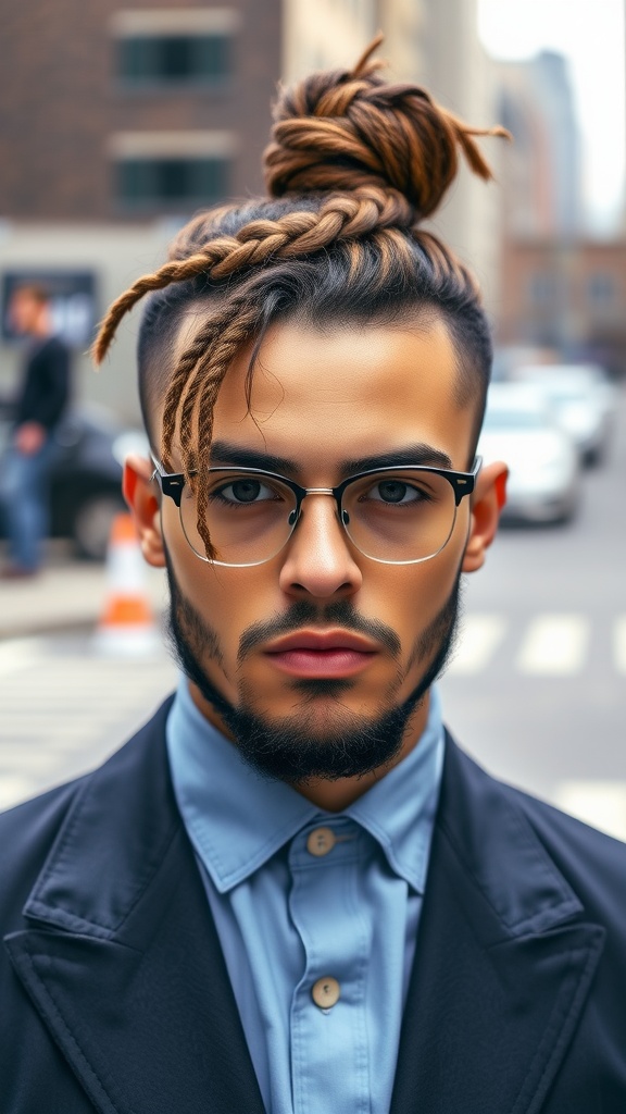 A man with a braided top knot hairstyle, wearing glasses and a stylish outfit.