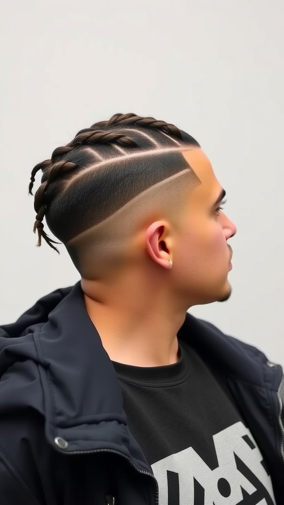 A man showcasing a braided undercut hairstyle with intricate braids on top and a clean fade on the sides.