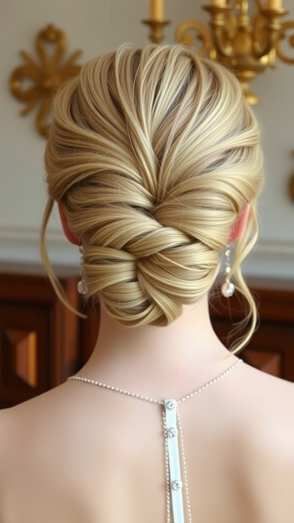 A beautiful braided updo hairstyle, showcasing intricate braids styled elegantly at the back.