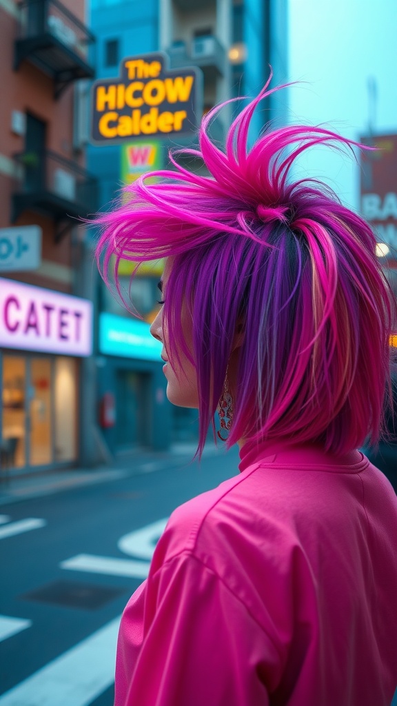 A woman with a bright pink and purple mullet hairstyle, standing on a city street.