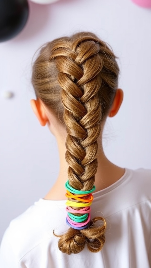 A girl with a bubble braid ponytail secured with colorful elastics.