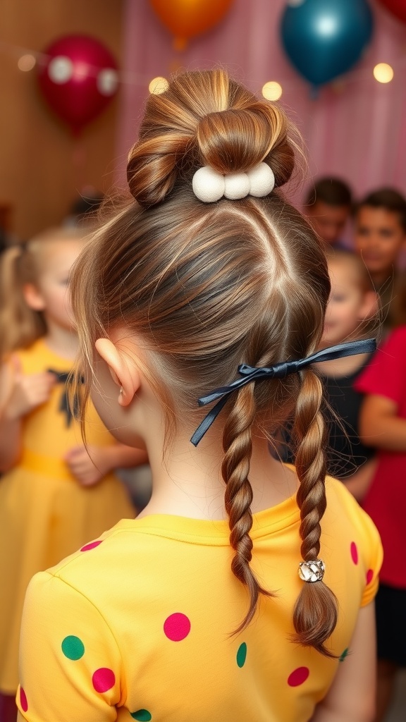 A girl with a bubble ponytail hairstyle and side braids, wearing a polka dot shirt, in a festive setting
