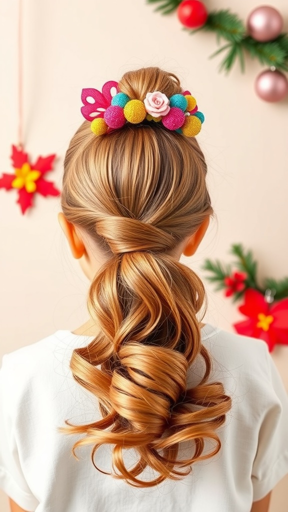 A back view of a bubble ponytail hairstyle with colorful accessories.