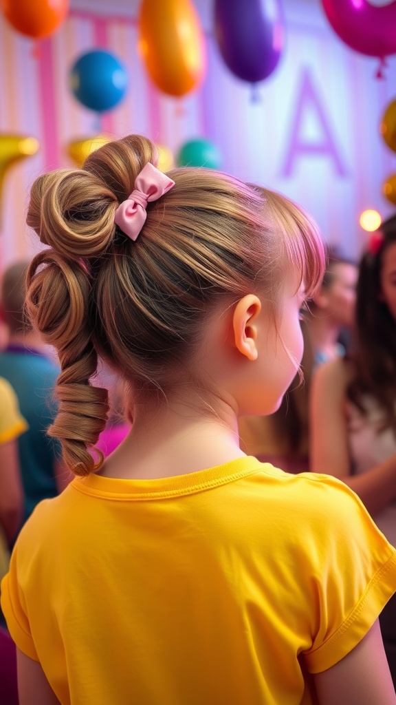 A girl with a bubble ponytail and curly bangs, wearing a yellow shirt and a pink bow, at a colorful party.
