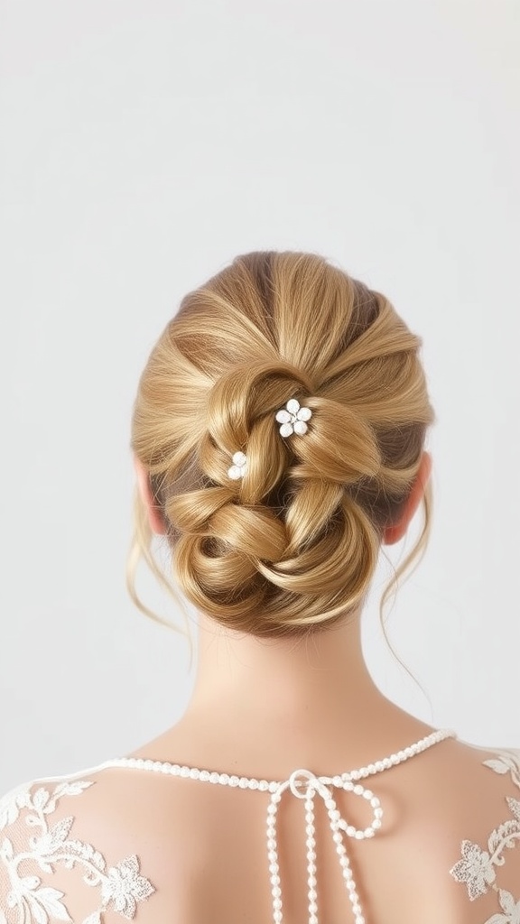 A woman with a bubble ponytail hairstyle adorned with pearls, viewed from the back.