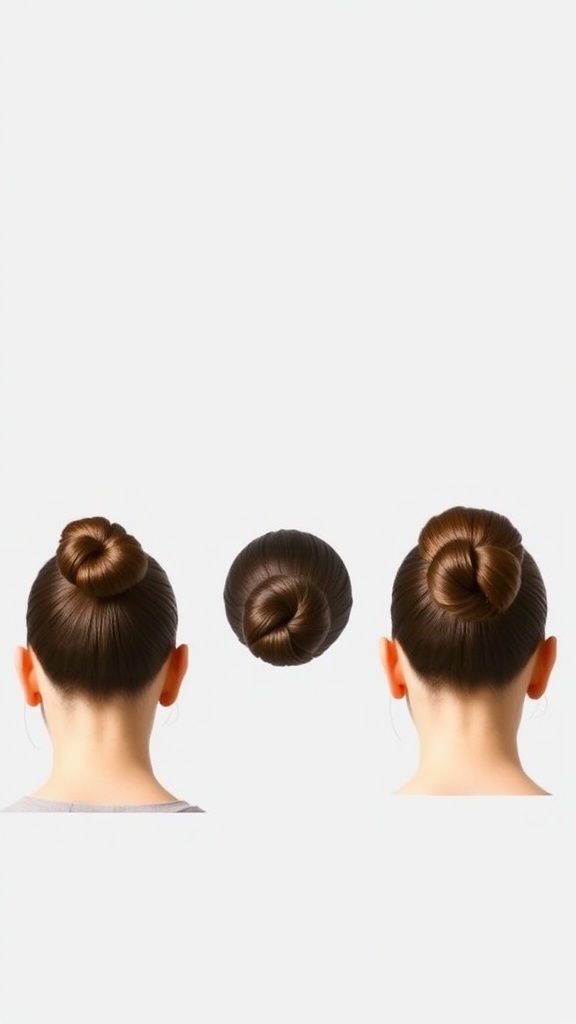 Three variations of slick back buns showing different sizes and placements on a person's head.