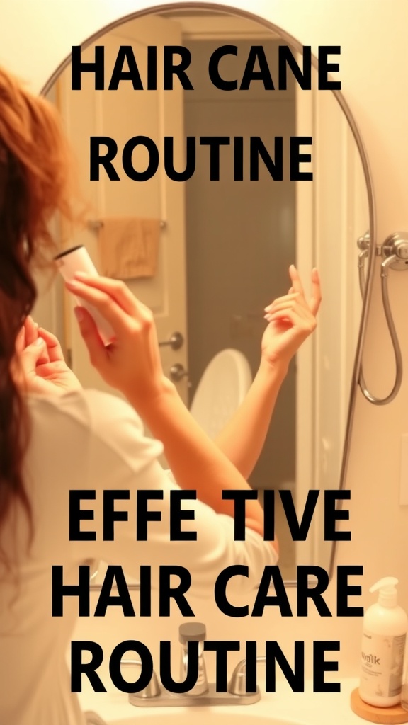 A person focusing on their hair routine in front of a mirror, emphasizing hair care.