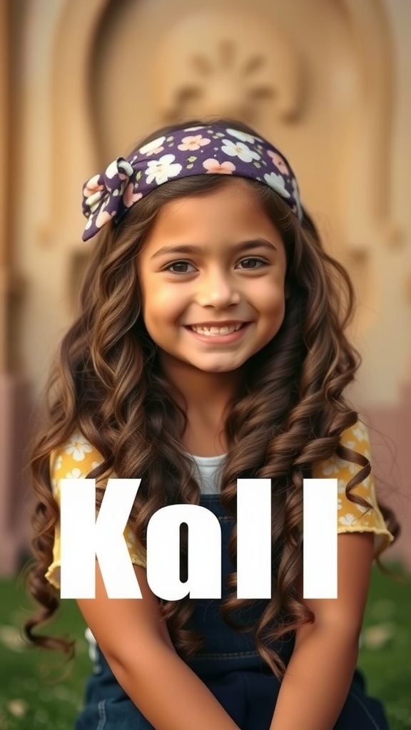 A young girl with cascading curls wearing a floral headband, smiling brightly.