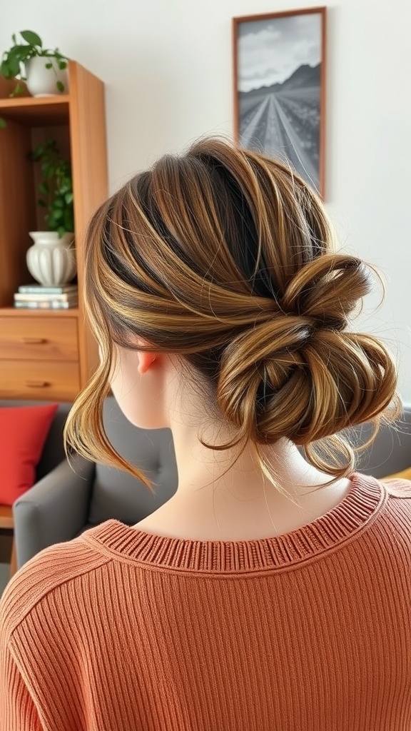 A woman with a casual curly low bun hairstyle, showcasing loose curls and soft strands framing her face.