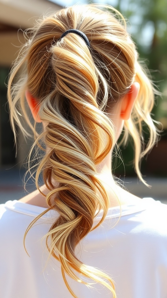 A casual textured ponytail hairstyle showing soft waves and a relaxed design.