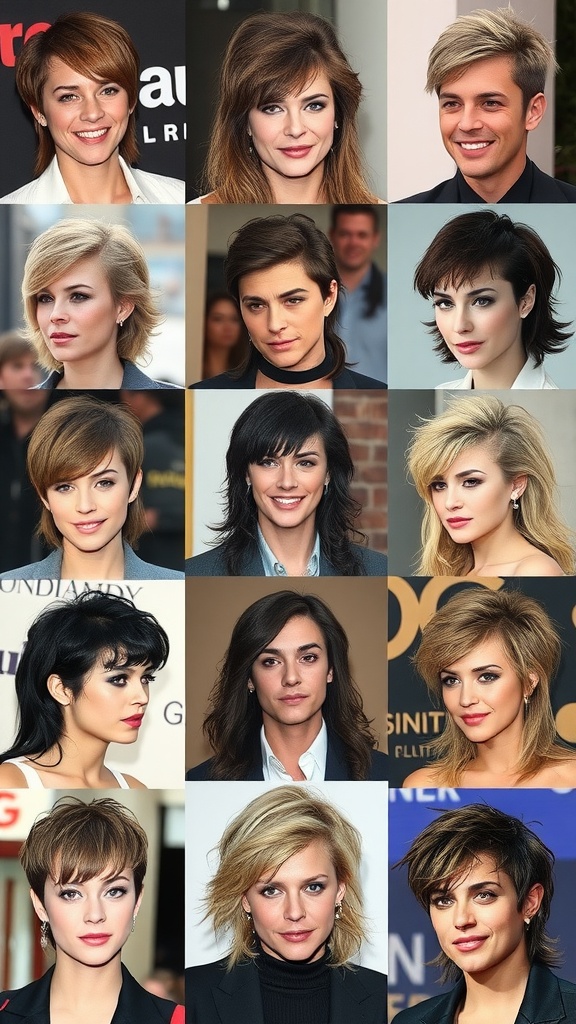 A collage of celebrities showcasing various mullet hairstyles, featuring different lengths and styles.